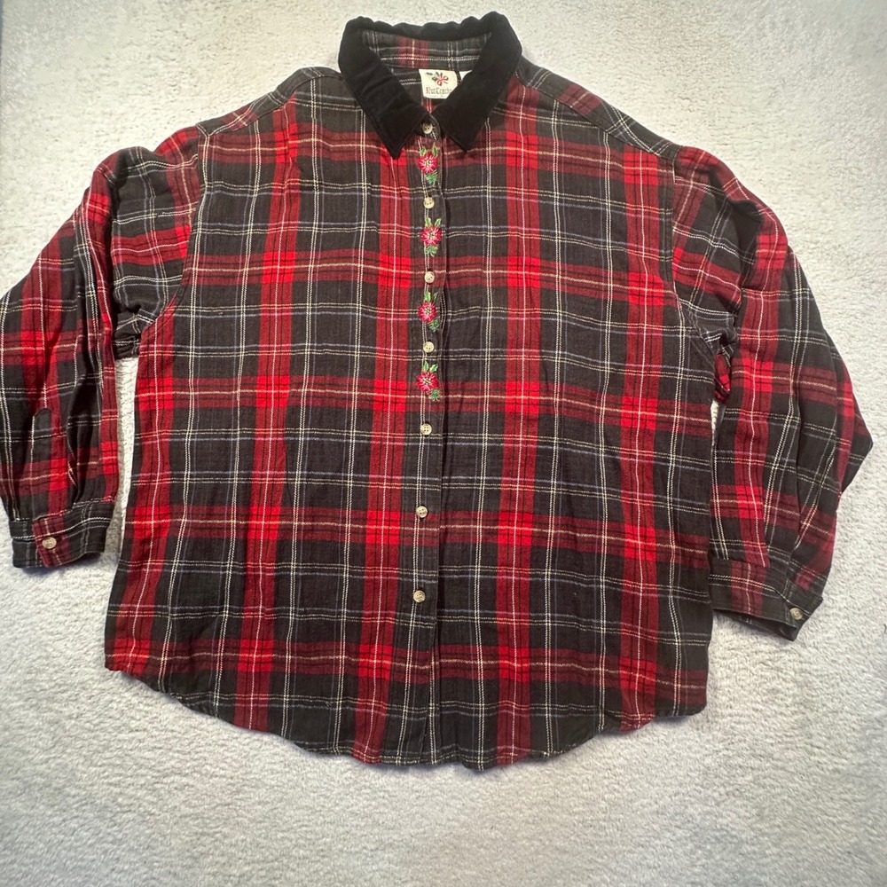 Vintage Plaid Flannel Button Shirt Womens Red Black Embroidered Velvet Collar XL